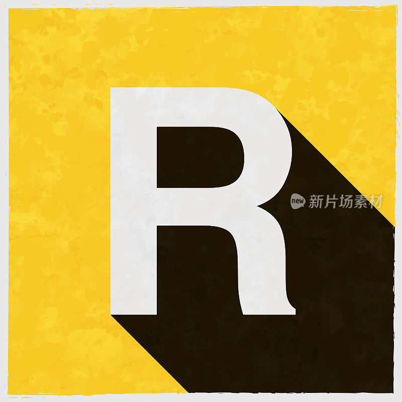 字母r图标与长阴影的纹理黄色背景