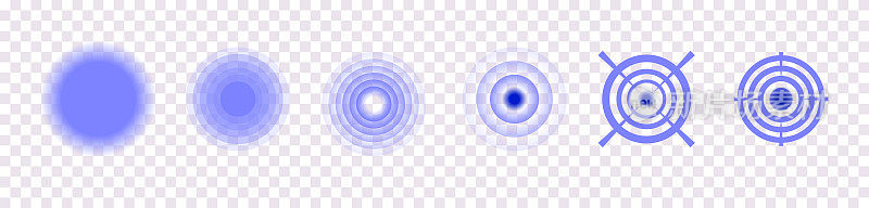 痛点。蓝色圆圈表示医疗设计。肌肉、牙齿、头痛。放射状标记表示身体受伤，白色背景上的矢量插图