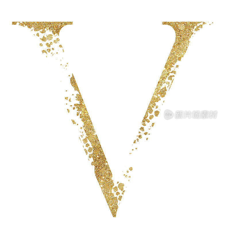 金色闪光的大写字母V配合分散效果孤立的插图，喜庆的设计元素