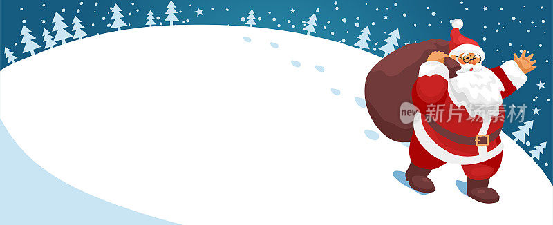 圣诞横幅为文字，现代冬季假期背景。兴高采烈的圣诞老人在冬天的森林里给孩子们提着一袋礼物。平面卡通矢量卡。