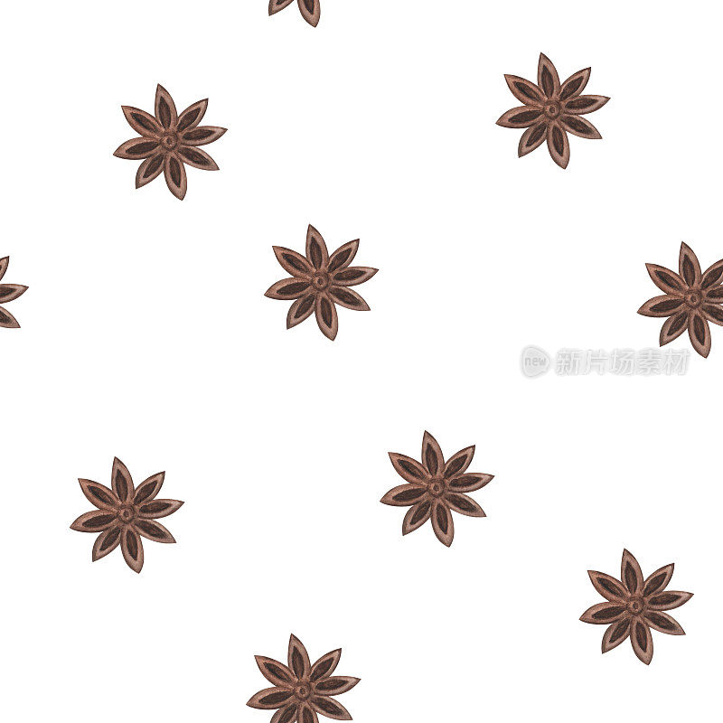 水彩无缝图案从手绘插图棕色八角星，八甸香料。用于烘焙、烹饪食品的配料。适用于织物、纺织、包装用纸的白底印刷