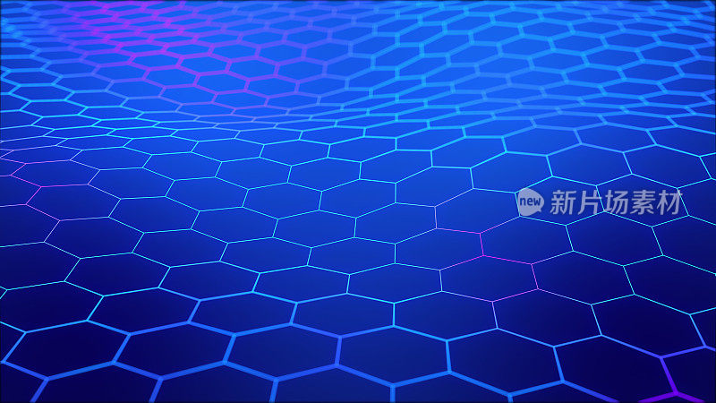 蓝色背景的六边形网格。发光的蓝紫色渐变颜色十六进制线框。无缝循环动画。
