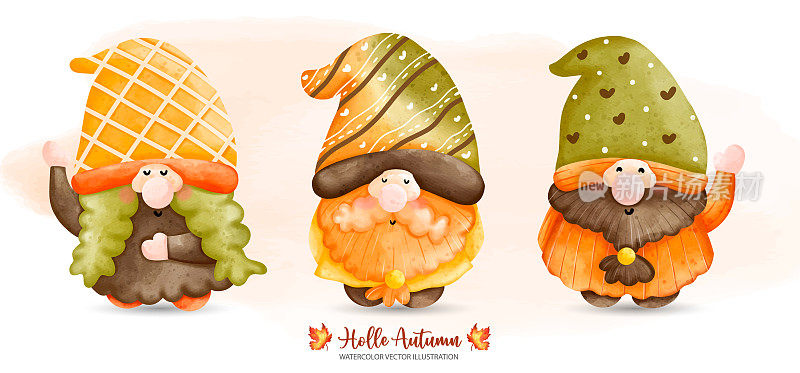 三个秋天地精，童话地精，秋天或秋天动物装饰，水彩插图