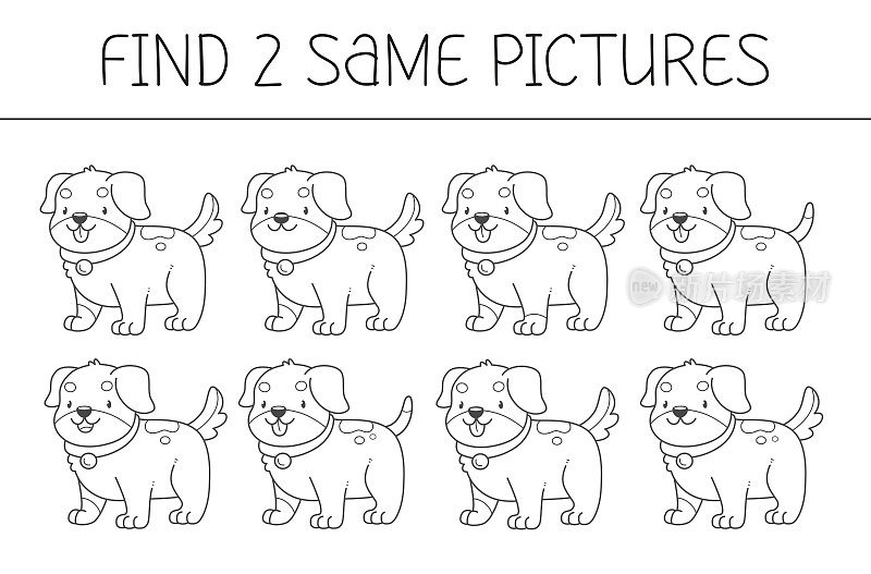 找两个一些图片是一个教育游戏的孩子与狗。可爱的小狗填色书。