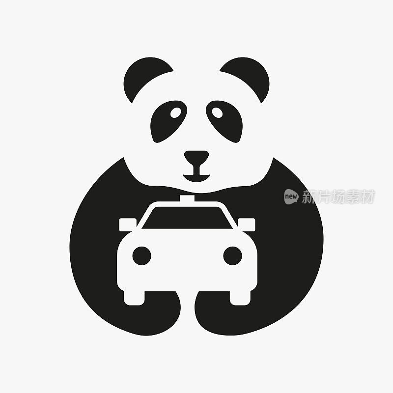 熊猫车标志负空间概念矢量模板。熊猫抱车标志
