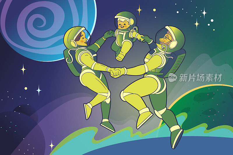 宇航员的家庭妈妈，爸爸和孩子在太空中跳舞。空间景观，矢量插图