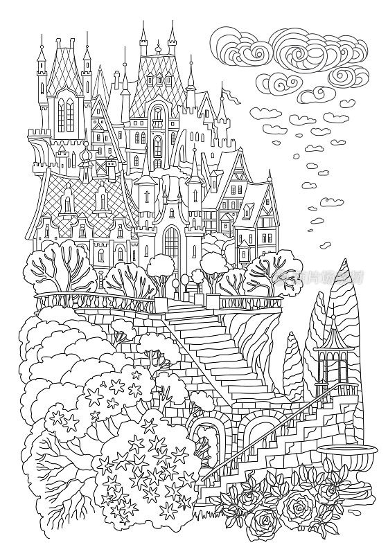 梦幻景观与童话城堡在山上，石头楼梯，花园玫瑰。黑白涂色书页