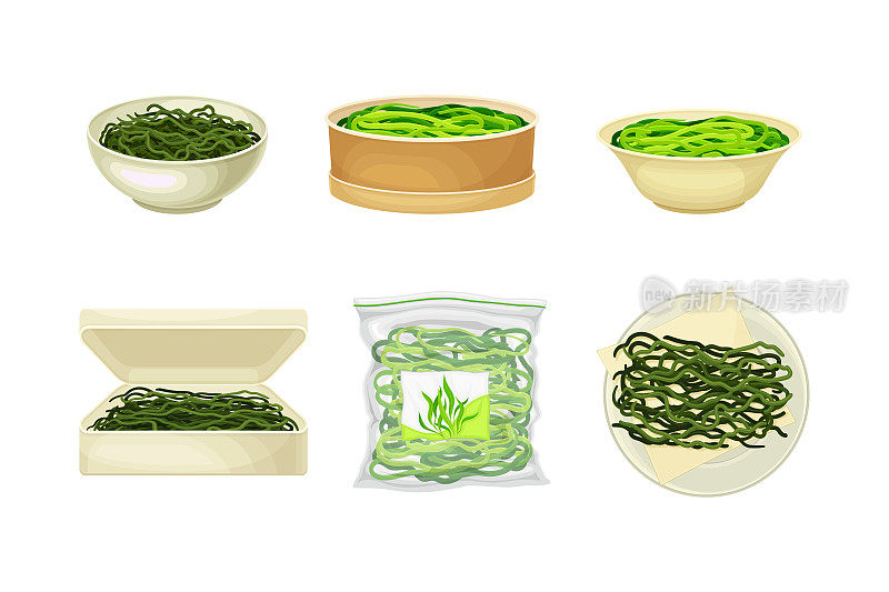 煮海草或马尾草在包装和碗作为海洋蔬菜向量集