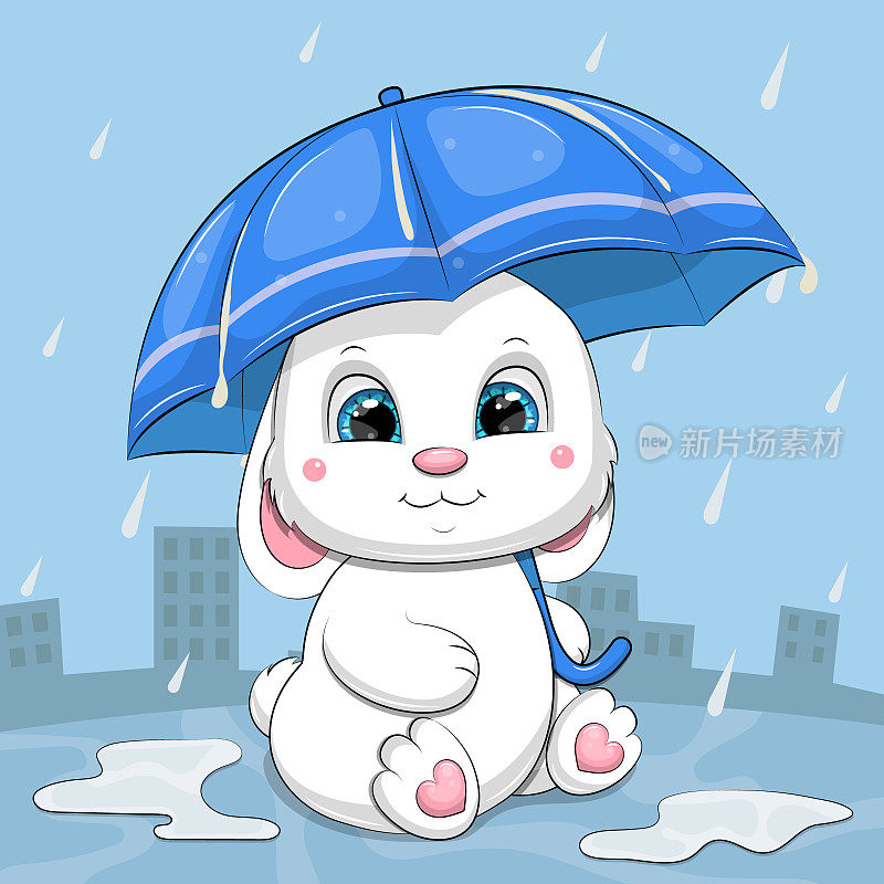 可爱的卡通小白兔在雨中打着伞。