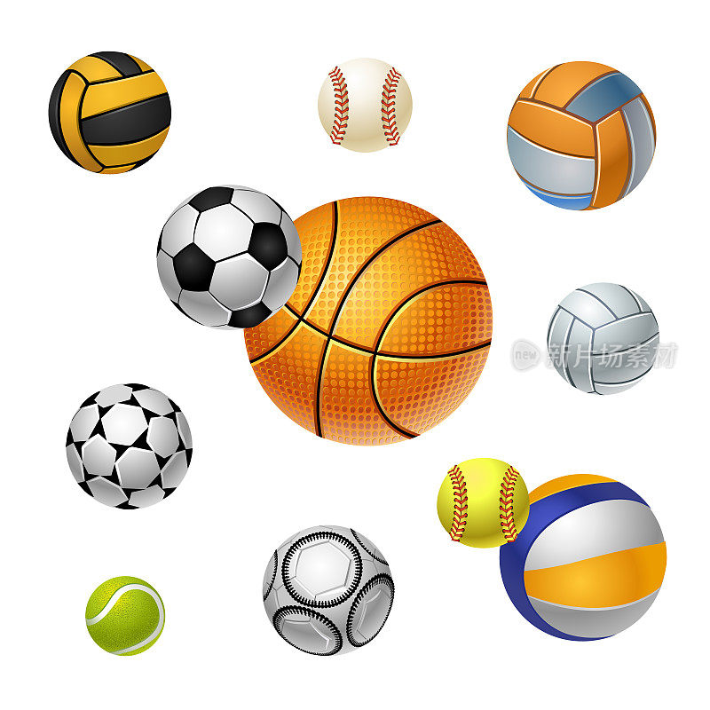 体育图标。不同运动的球。足球，篮球，棒球，排球，高尔夫。图标集。矢量孤立插图