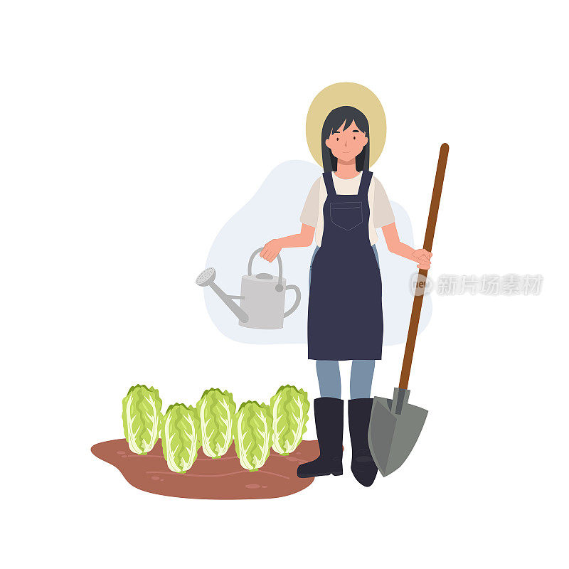 农业的概念。女农民和蔬菜大白菜。农夫拿着喷壶和铲子。平面矢量卡通人物插画。