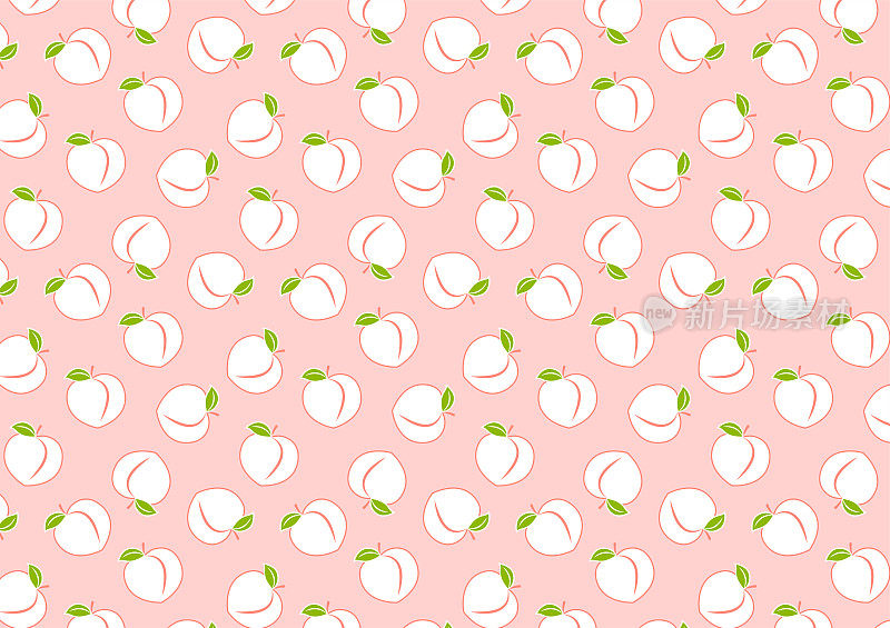 桃红色图案墙纸。用树叶图标涂鸦桃子。白色背景上孤立的心形桃果。农场，天然食物，新鲜水果。