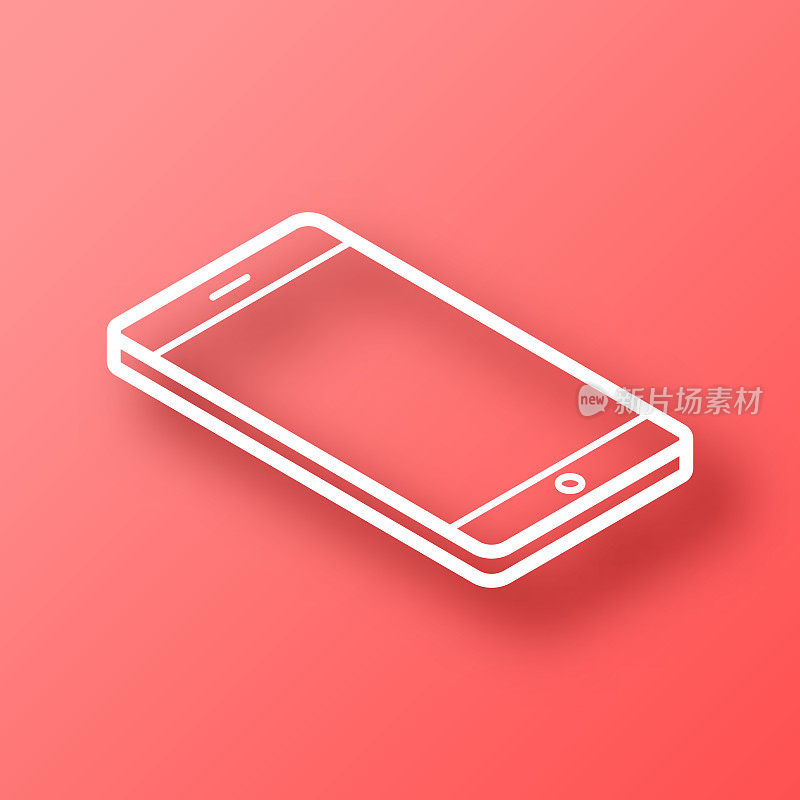 等距智能手机-平面位置。图标在红色背景与阴影