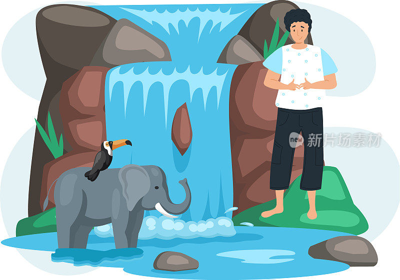 盖伊在大自然的瀑布附近看动物。年轻人站在石头和水源附近