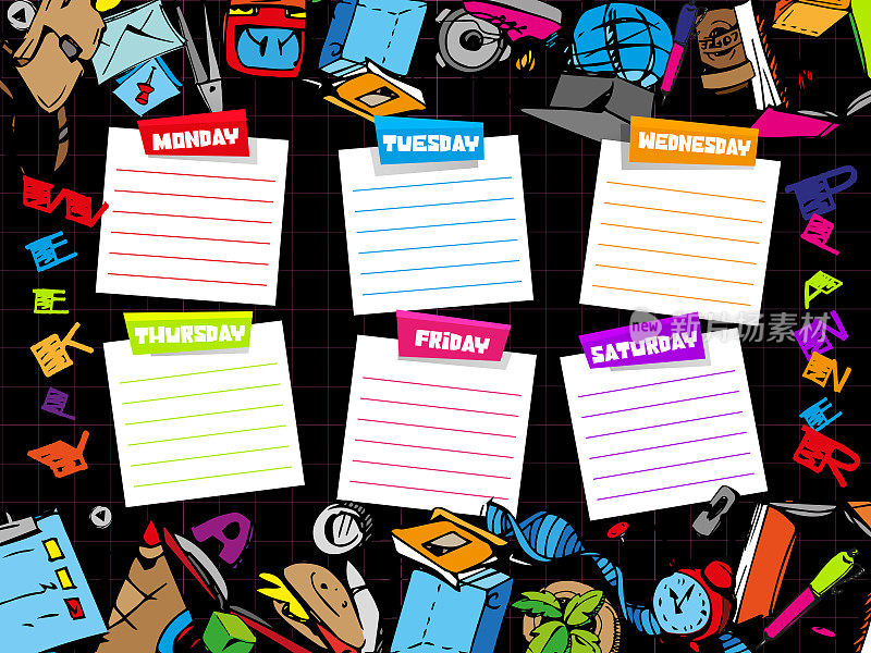 学校风格的周报、日记、计划理念。将本周的待办事项写在笔记本上，并在抽象颜色的背景上手绘。