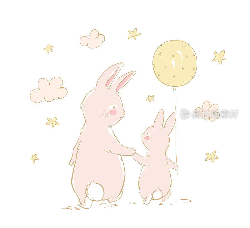 兔爸爸和兔宝宝带着气球一起走。一个可爱的米色兔子家庭的后视图。母亲节快乐。背景是星星和月亮