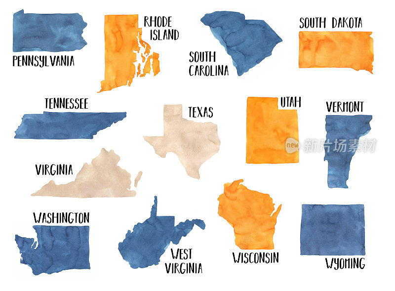 不同州的白色背景水彩画:宾夕法尼亚州、罗德岛州、南卡罗来纳州、南达科他州、田纳西州、德克萨斯州、犹他州、佛蒙特州、弗吉尼亚州、华盛顿州、西弗吉尼亚州、威斯康星州和怀俄明州。