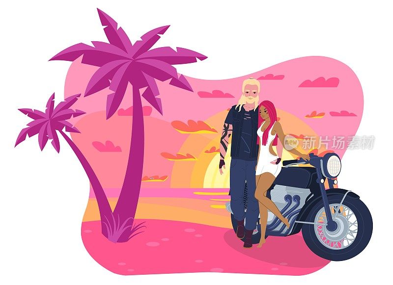 海边的摩托车手，浪漫的情侣生活方式，暑假人们享受自由，矢量插画