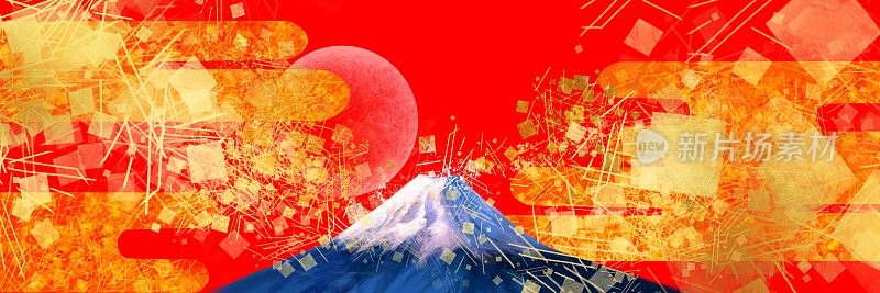 日本画风背景宽尺寸插图新年的第一个日出和美丽的富士山与舞蹈的金叶，金粉和沙点和红色背景