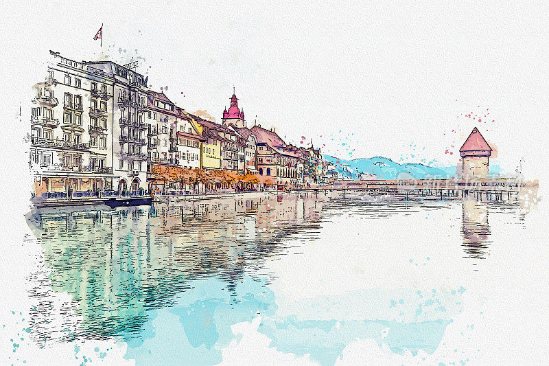 瑞士著名的卢塞恩镇水彩美景。