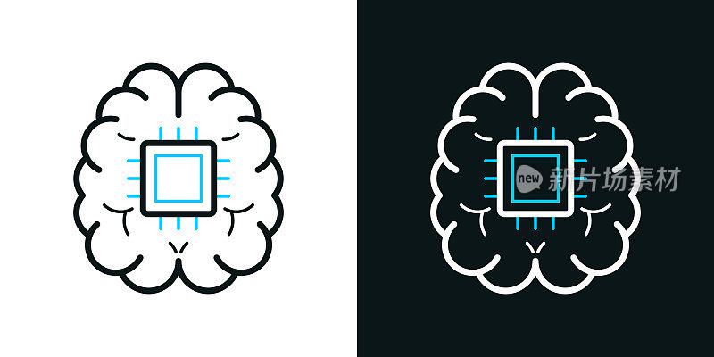 大脑芯片植入。黑色或白色背景上的双色线图标-可编辑的笔画