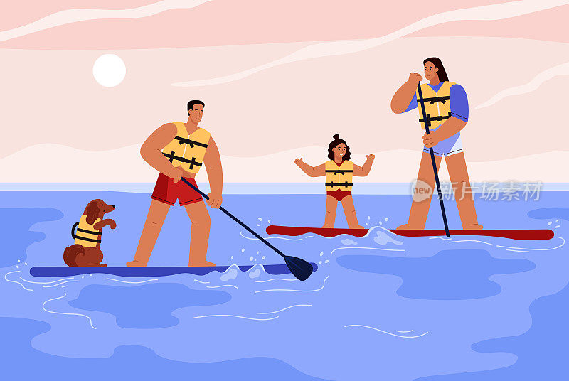 幸福的家庭一起冲浪，平面矢量插图。