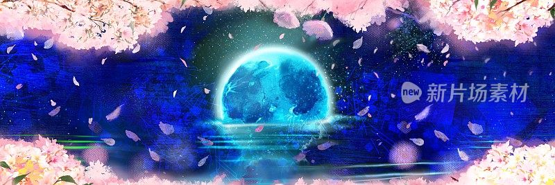 日本樱花暴雪背景的夜晚樱花盛开和美丽的蓝色满月设置在海面上神秘的幻想风景剪贴画