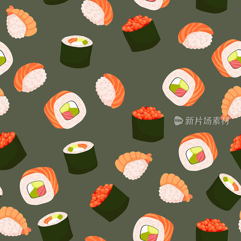 无缝模式设置寿司。不同种类的寿司和面包卷。传统的日本卷，配tobiko鱼子酱，原汁原味的费城奶酪和酱油，三文鱼和大虾。矢量图