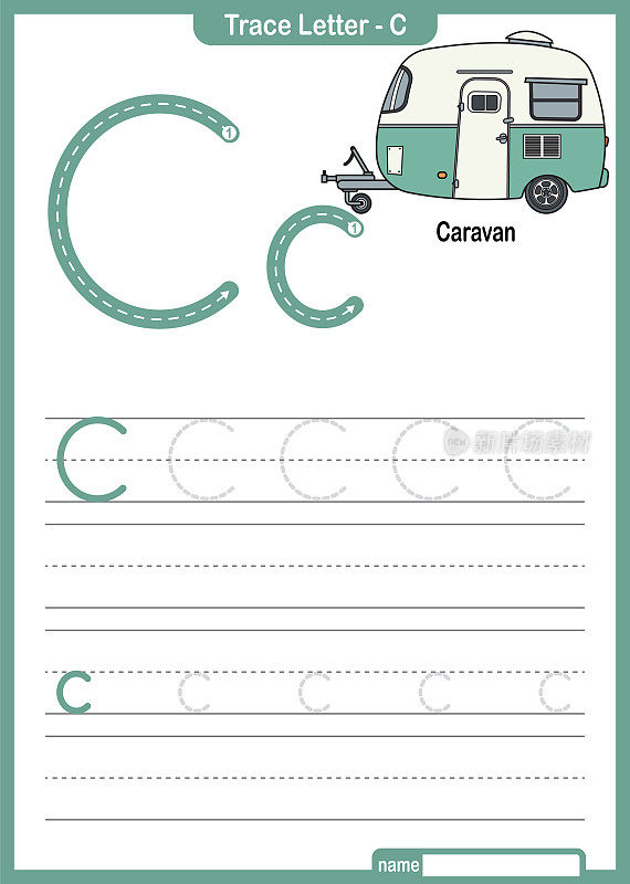 字母跟踪字母A到Z学龄前工作表与字母C商队亲矢量