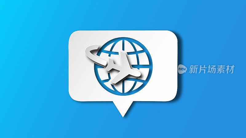 白纸剪言语泡泡。全球旅游线路图标。国际航班标志。在线旅行标志。蓝纸背景。国际航线。向量。