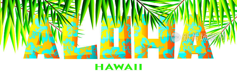 阿罗哈夏威夷热带度假概念。明亮的欢迎文字与木槿图案在棕榈叶对抗阳光明媚的晴朗的天空。