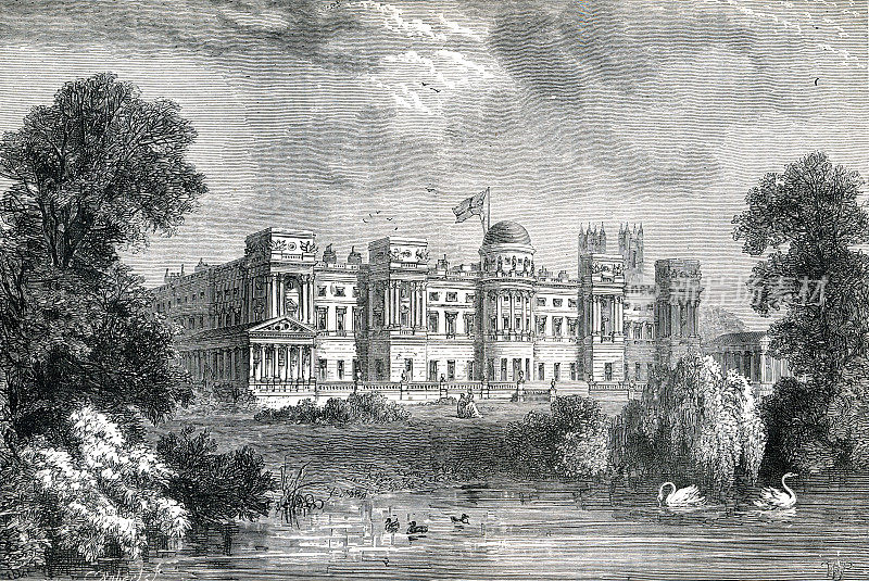 白金汉宫花园外部19世纪的插图