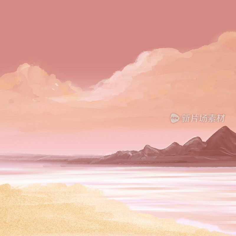 画的海和沙滩在阳光和云对日落天空的背景。