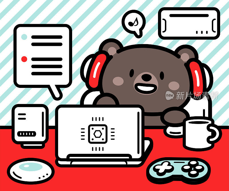 一只可爱的黑熊坐在桌子前，使用笔记本电脑，与人工智能一起工作，享受科技