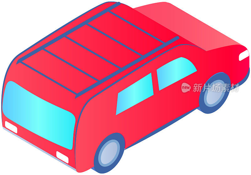 红色家庭轿车用于道路行驶。旅行和城市旅行的交通工具。平面等距汽车