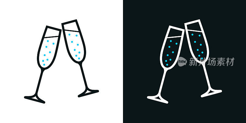 两杯香槟。黑色或白色背景上的双色线条图标-可编辑笔触