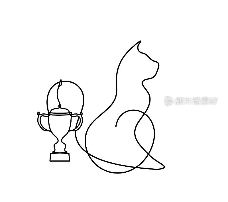 轮廓抽象的猫与奖杯在线条绘制