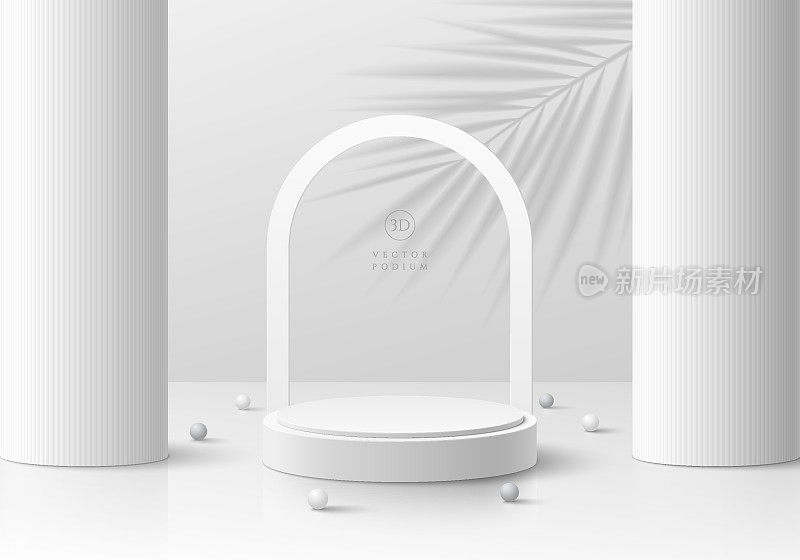 逼真的3D白色灰色圆柱基座基座基座背景与垂直巨大的柱子和棕榈叶阴影。墙上最小场景样机产品，矢量舞台展示，化妆品横幅推广展示