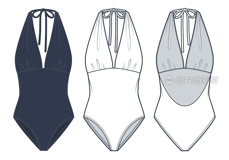 吊带一件泳衣时尚平面技术图纸模板。紧身衣技术时尚插画，v领，开背，前后，白色，黑色配色，女装CAD模型集。
