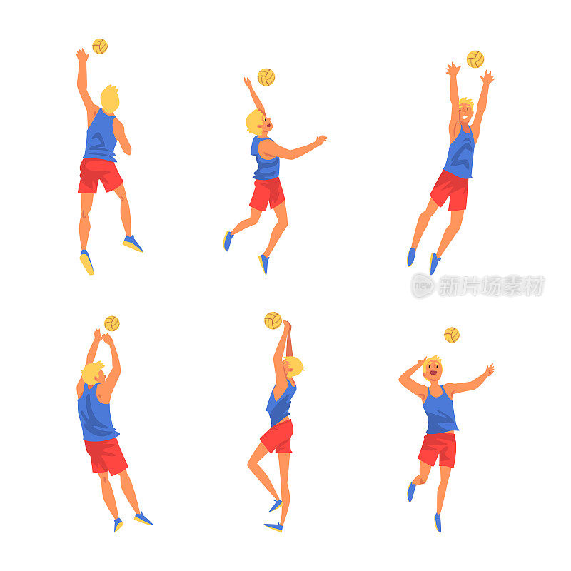 排球运动员在不同的动作姿势设置。男运动员跳跃与球卡通矢量插图