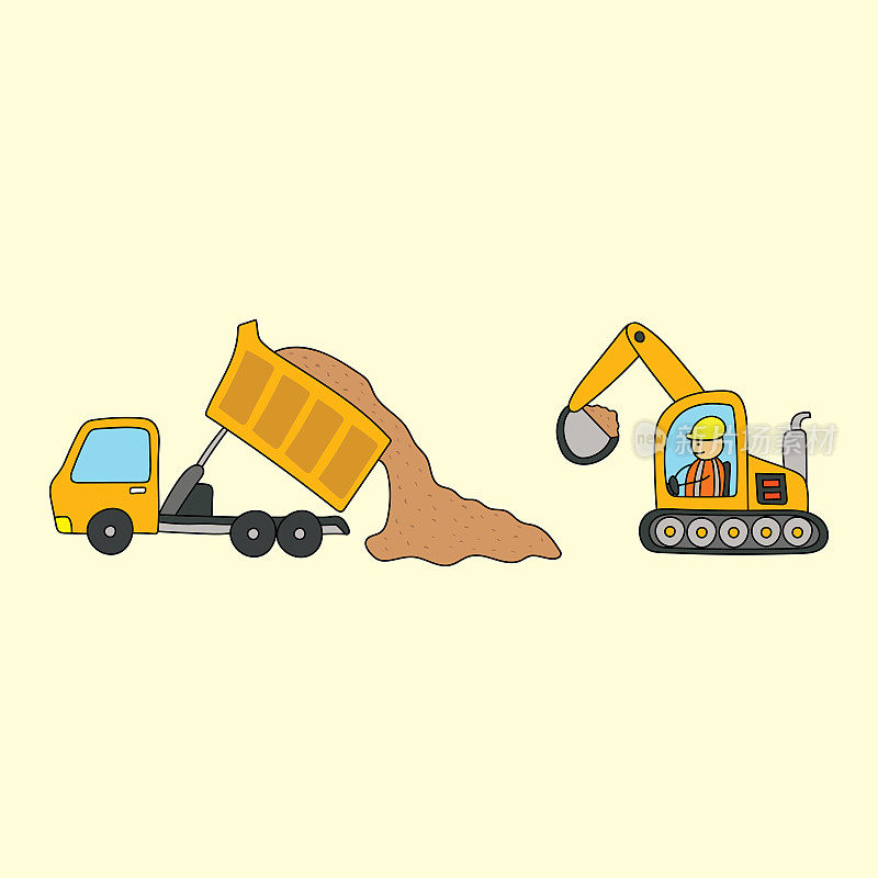 矢量插图孩子绘制施工车辆，自卸卡车卸载砾石和挖土机疏浚他们。建筑工地工作场所的卡通风格