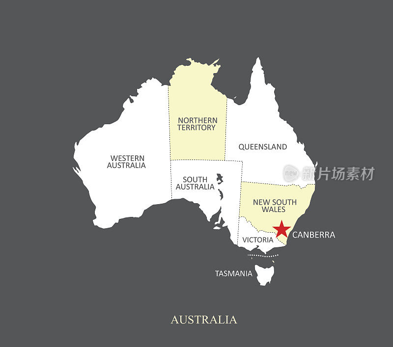 澳大利亚地图轮廓矢量插图与省份边界和名称