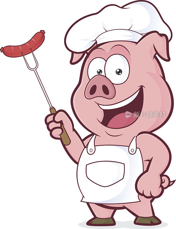 猪肉厨师用叉子拿着香肠