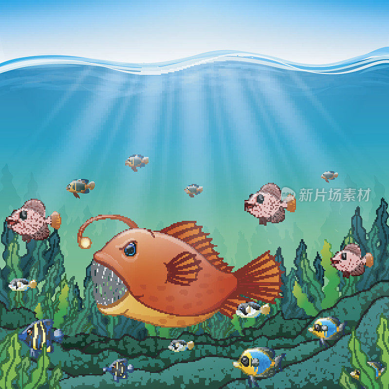 水下的卡通琵琶鱼