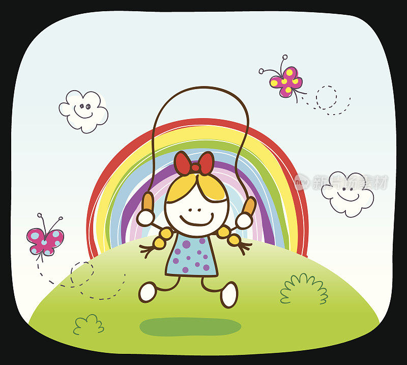 白人女孩在大自然中玩彩虹，卡通插图