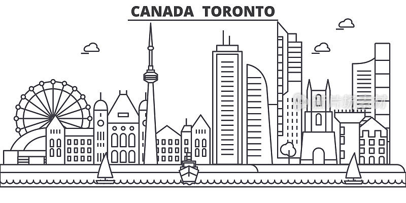 加拿大，多伦多建筑线天际线插图。线性向量的城市景观与著名的地标，城市景观，设计图标。风景与可编辑的笔触