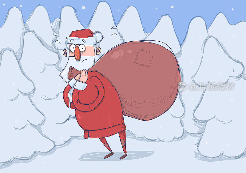 有趣的混淆圣诞老人与大袋子的礼物在雪山云杉森林。圣诞老人看起来迷路了，尴尬和困惑。水平向量插图。卡通人物。