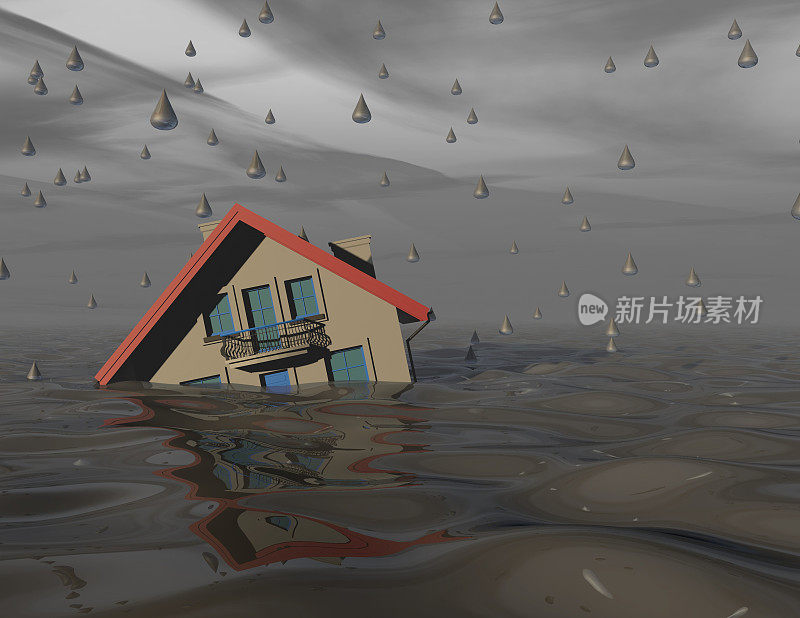 大雨和洪水概念与房屋水下。