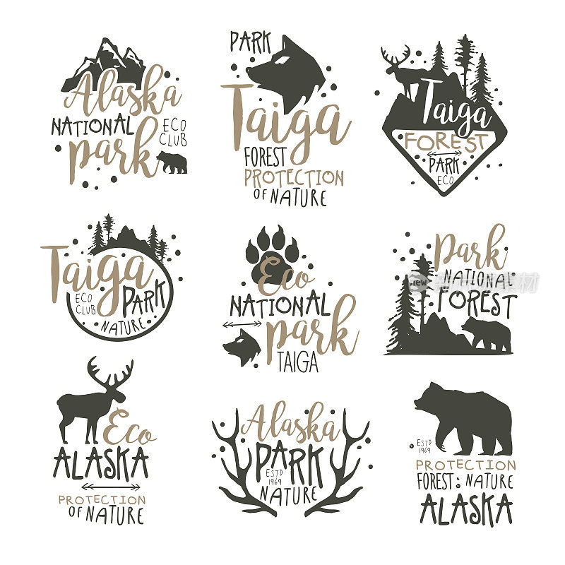 阿拉斯加国家公园标签设置。森林保护手绘矢量插图
