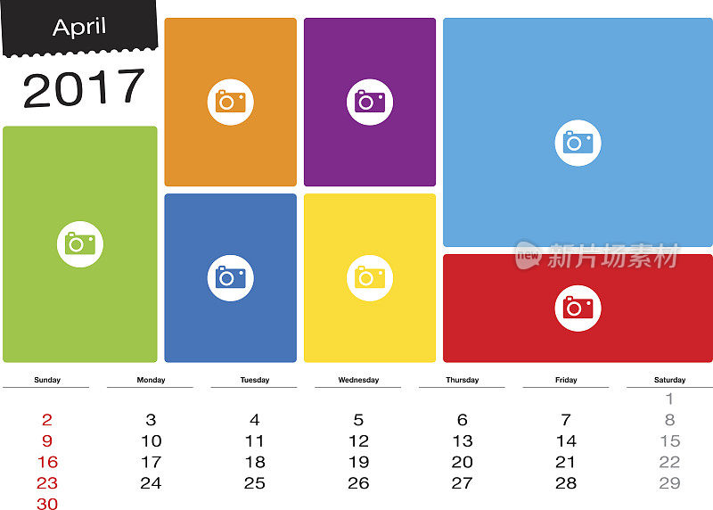 矢量日历，2017年4月与图像框架，A3大小